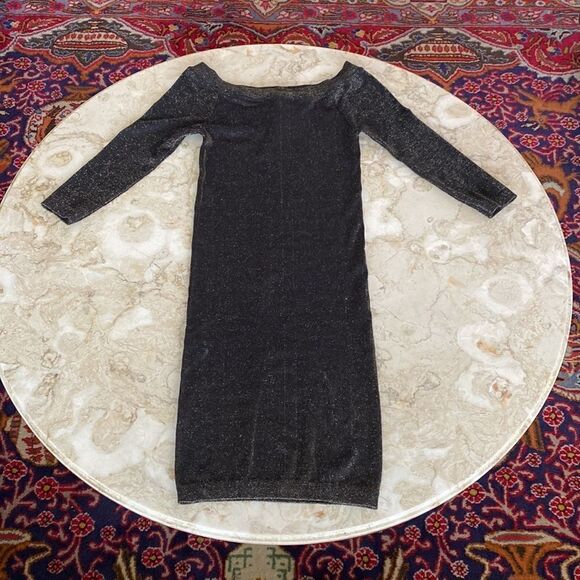 Bebe Stretch Metallic Black & Gold Bodycon Mini Dress 3/4 Sleeves - Picture 10 of 10